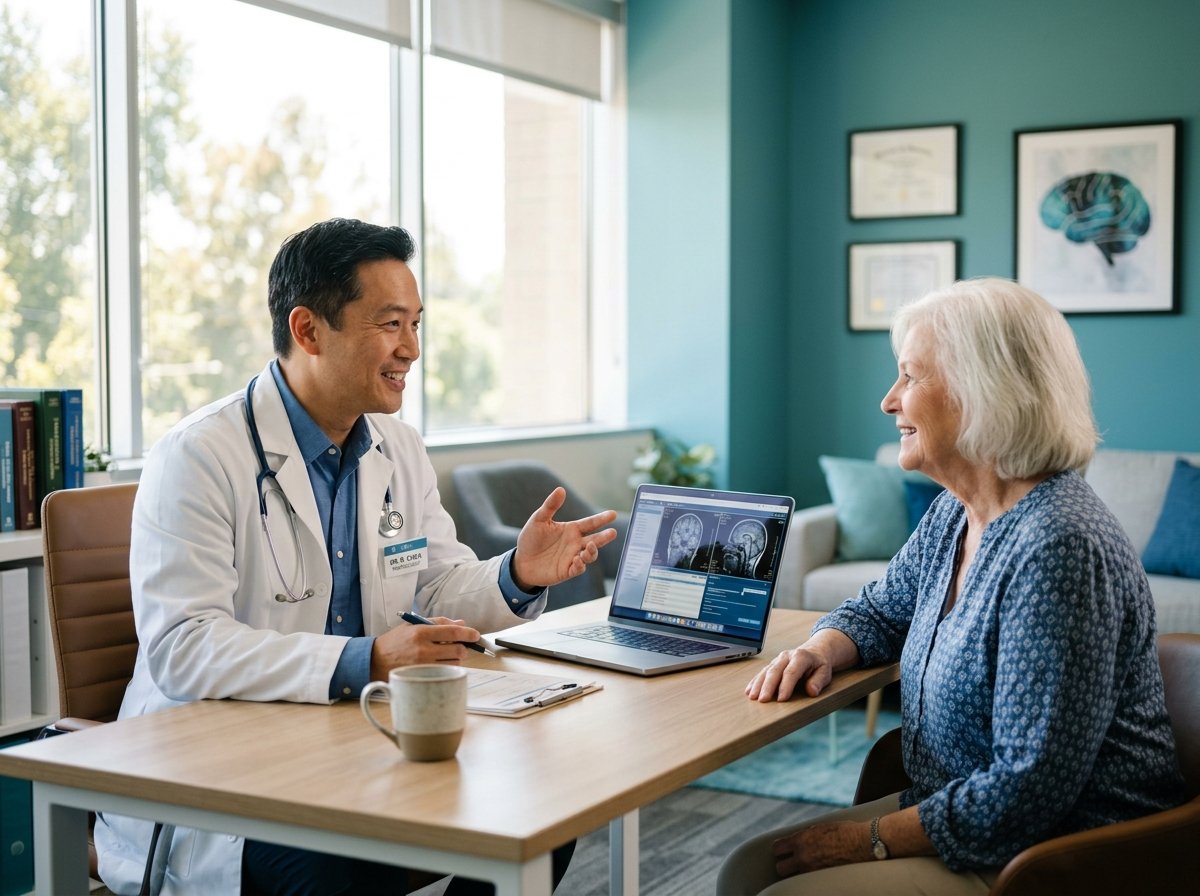 Médico conversando com paciente idosa no consultório